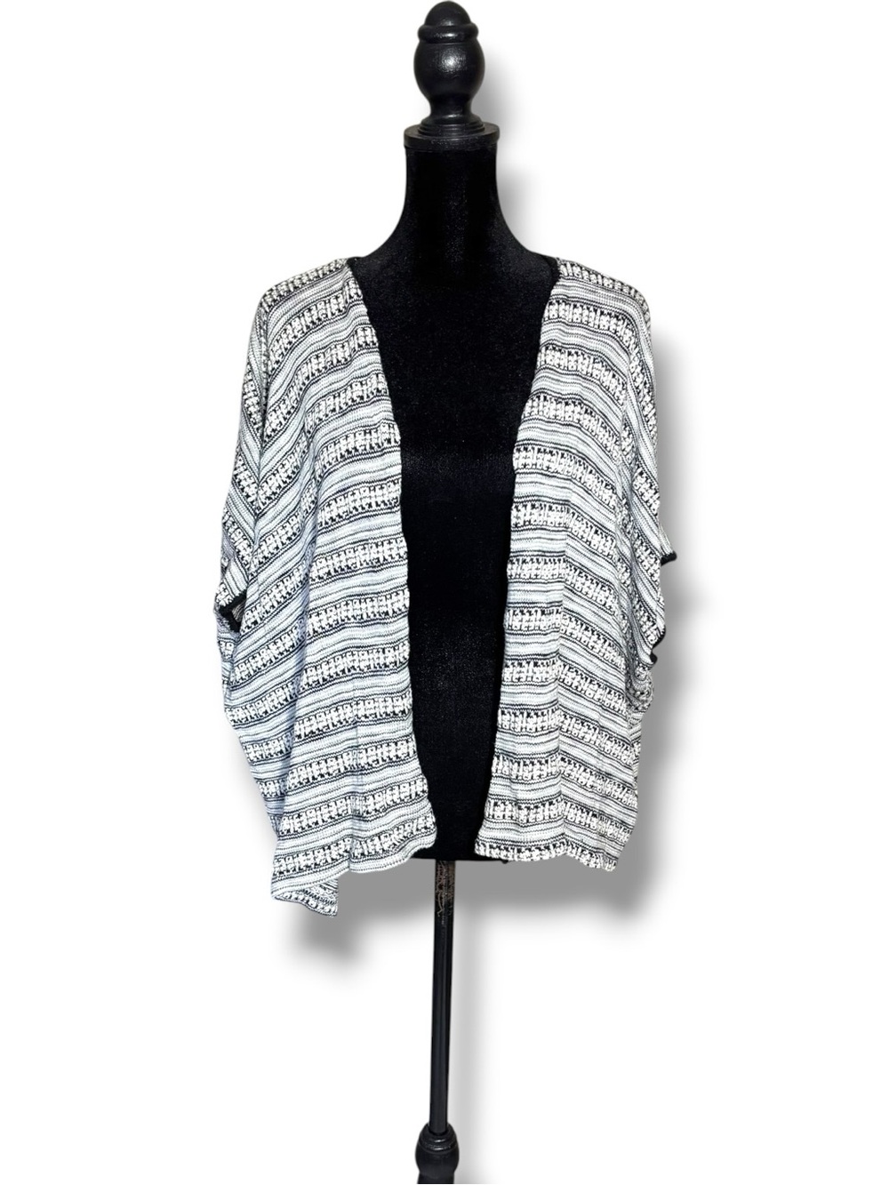 Say What? Open-Front Black & White Textures Striped Short Sleeve Comfy Cardigan